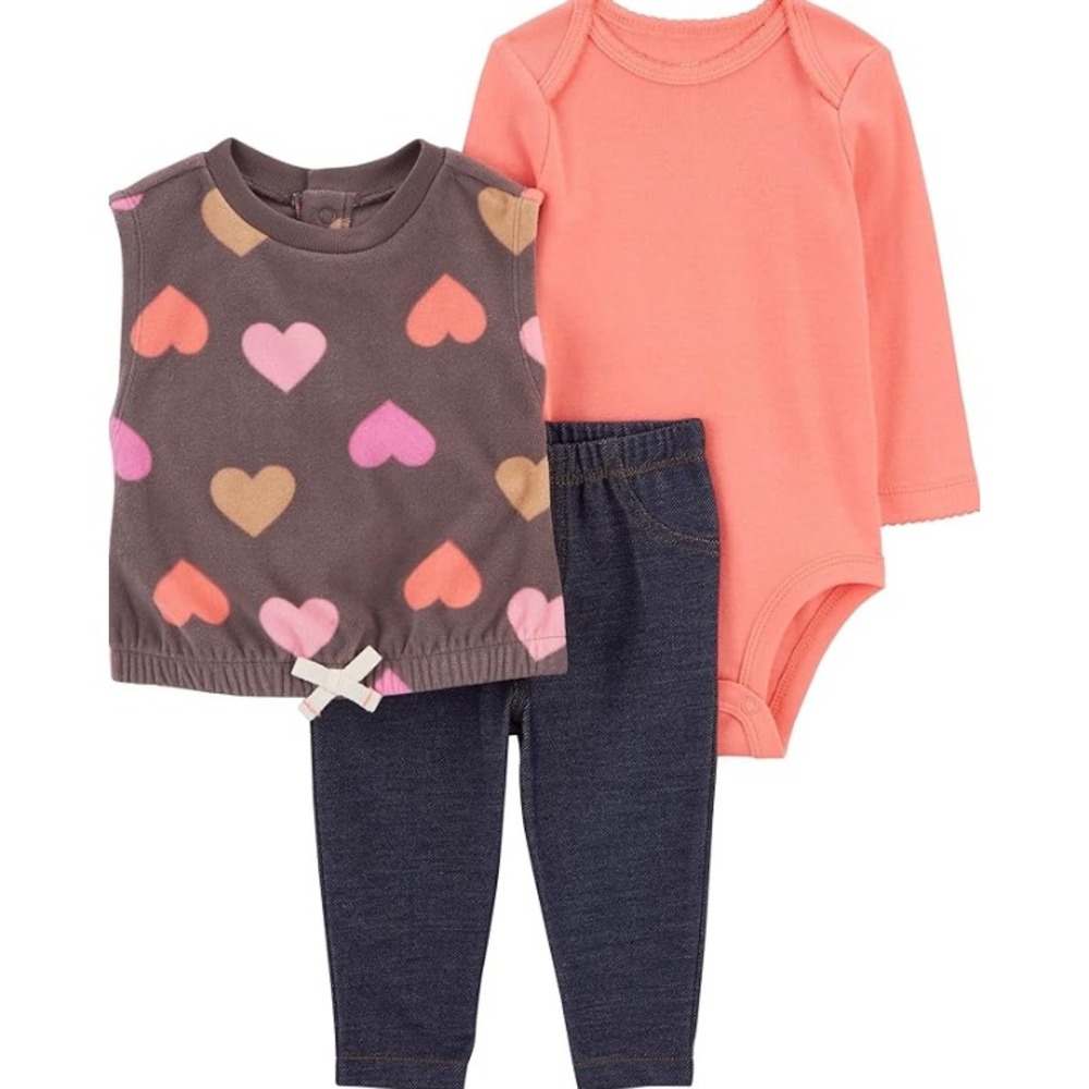 Baby Girl's 3-Piece Outfit Set - Heart Print Vest, Pink Bodysuit, Denim Pants 9M - Picture 1 of 1